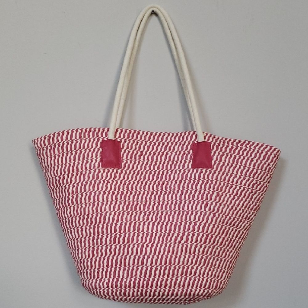 Pink and White Striped Straw Style Beach Tote Bag Rope Handles Large Capacity